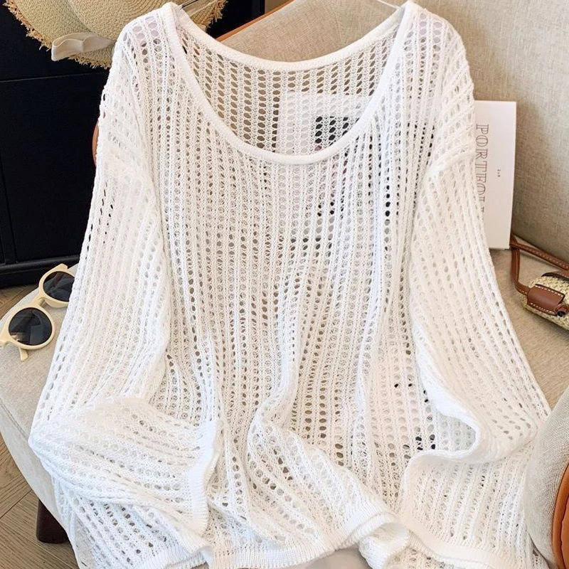 

New Lazy Loose Flesh-covering Sunscreen Blouse Round Neck Design Long-sleeved Versatile Top Hollow Knitted Women's Summer