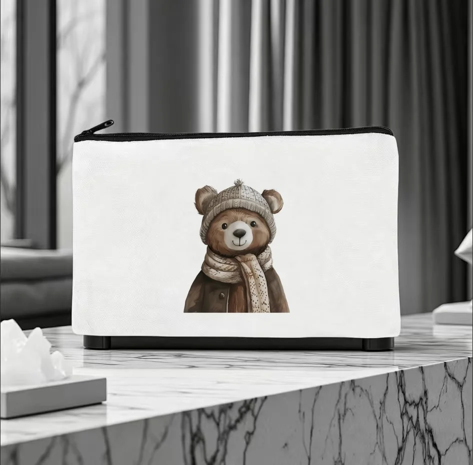 1PC Watercolor Winter Bear Knit Hat Scarf Canvas Cosmetic Bag Double Sided Portable Travel Zipper Pouch