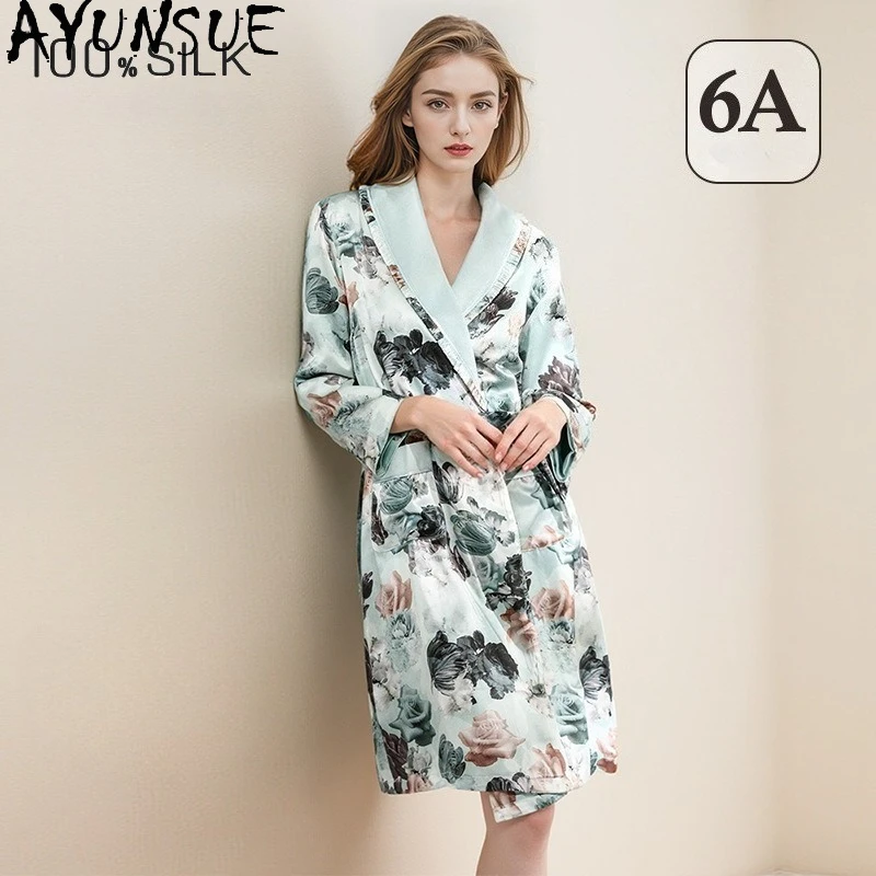 AYUNSUE 100% Mulberry Silk Robes for Women 19MM Silk 2026 Autumn and Winter Clothes Sleepwear Women's Pajamas Пижама Женская