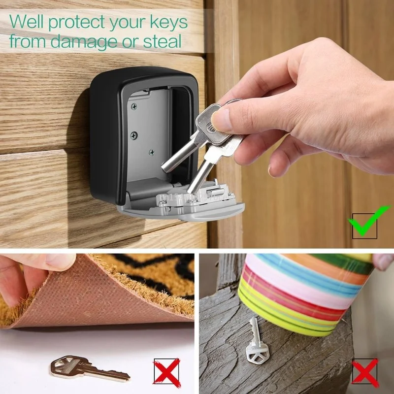 Key Lock Box Wall Mounted Stainless Steel Key Safe Weatherproof 4 Combination Key Storage Lock Box for Indoor and Outdoor Use