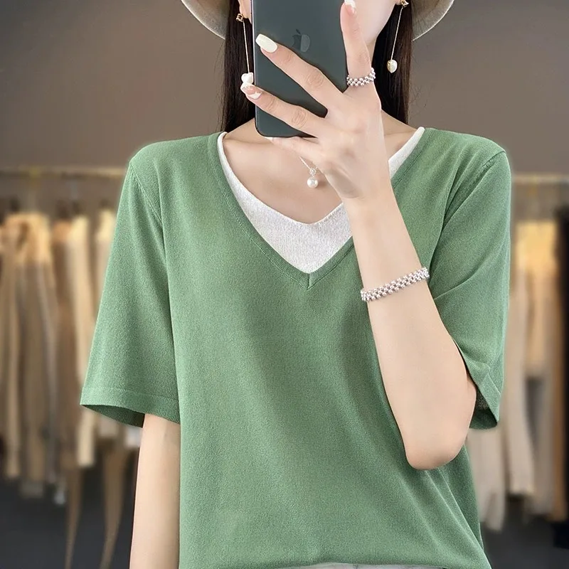 アイスシルクニット オルト スヴェ ティート 女性用 夏 ルーズ カジュアル Vネック リネン スヴェ ベース イート スリミングトップ