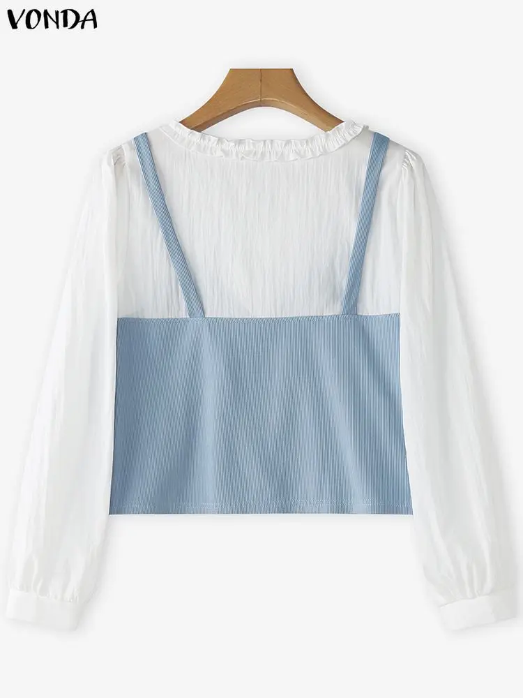 VONDA Fashion Blouse Women Long Sleeve Color Patchwork Tunic Tops Autumn Spring Bandage Casual Loose Shirts Blusas Femininas