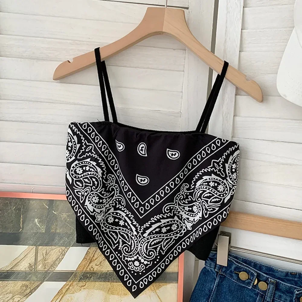 Summer Top Women Satin Tie Back Elastic Vintage Ethnic Printing Spaghetti Straps Camisole Tube Crop Top Sleeveless Tees T Shirt