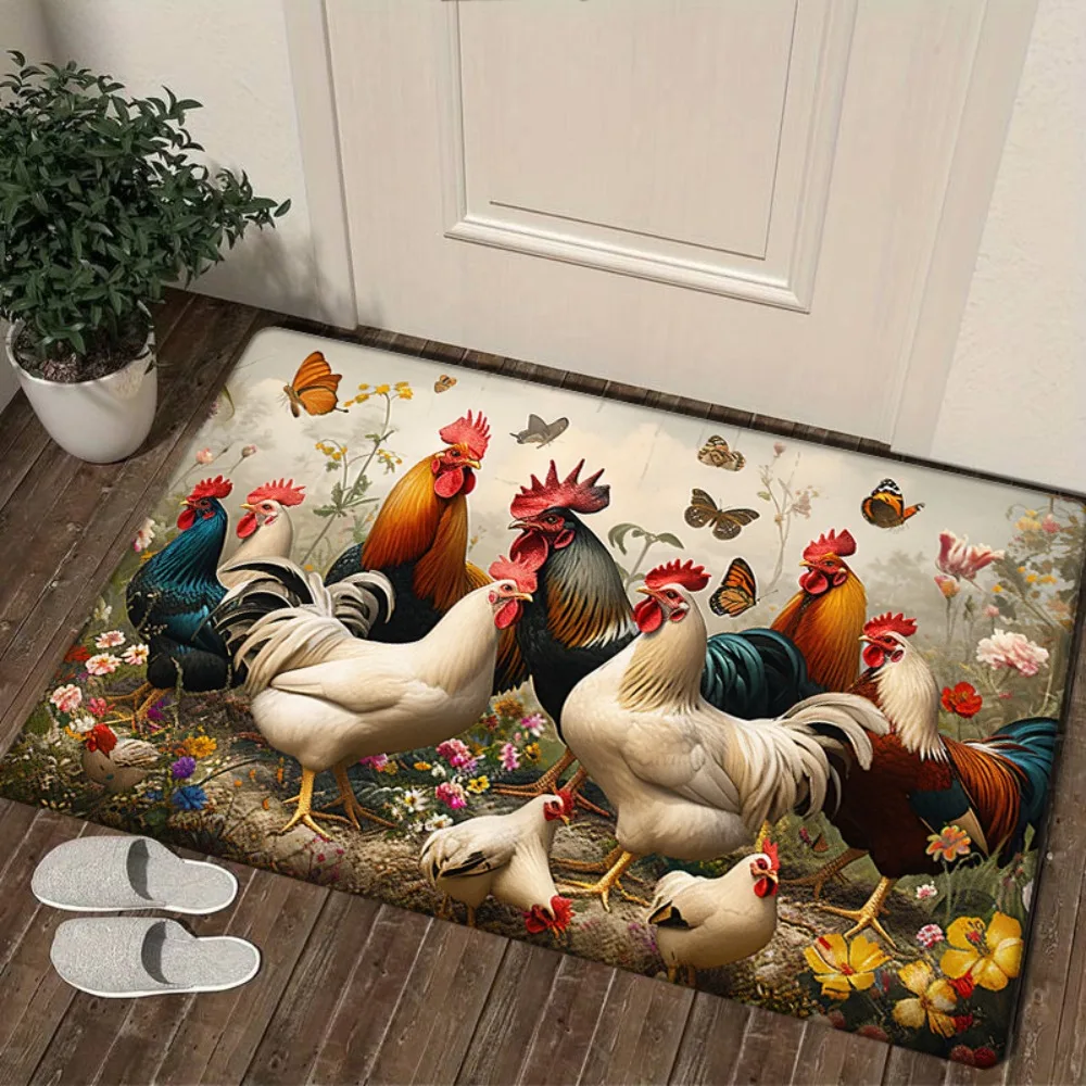 1 قطعة سجادة باب على شكل دجاج المزرعة، بوليستر غير قابل للانزلاق وقابل للغسل 100%، منسوج مسطح منخفض الكومة، مقاوم للبهتان، مستطيل، ماشي #3