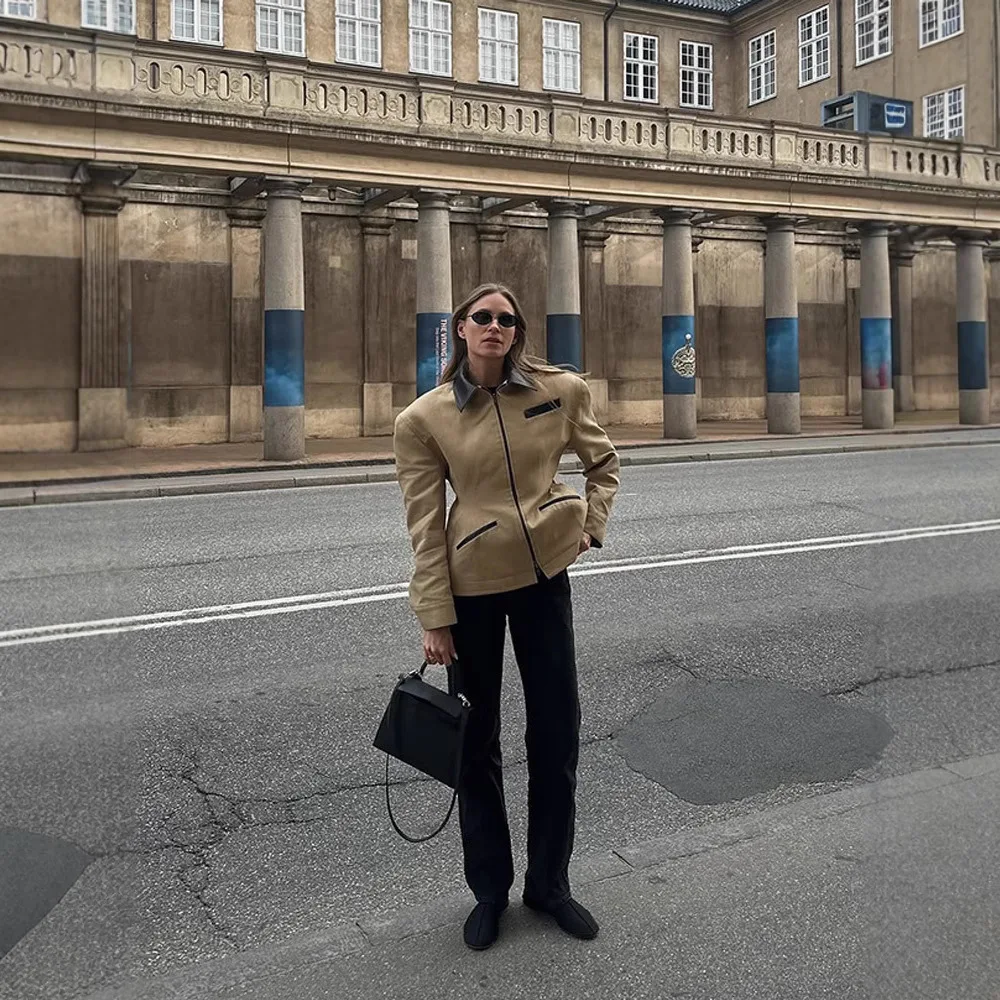 Retro Autumn Women's Motorcycle Jacket Brown Turn Down Collar Zipper Fly Pockets Female's Coat Chic High Street Outwear For Lady