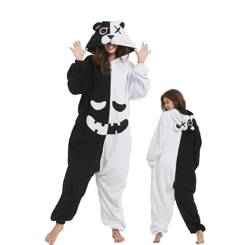 Hot Anime Bear Cosplay Pajama Adult Onesie Anime Jumpsuit Black White Bear Animal Pajamas Women Halloween Party Suit Overall