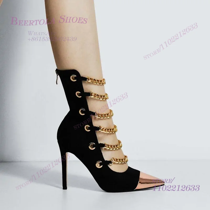 Gold Iron Head Metal Chain Hollow Heels Girls Back Zipper Stiletto Black Suede Sandals Ankle Short Boots Sugarbaby Party Shoes