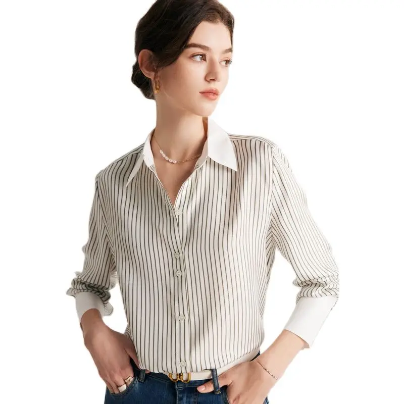 Birdtree 100%Mulberry Silk Striped Shirt Women\'s Spring/Summer 2023 New Long Sleeve Polo Printed Office Lady Blouses T38360QC