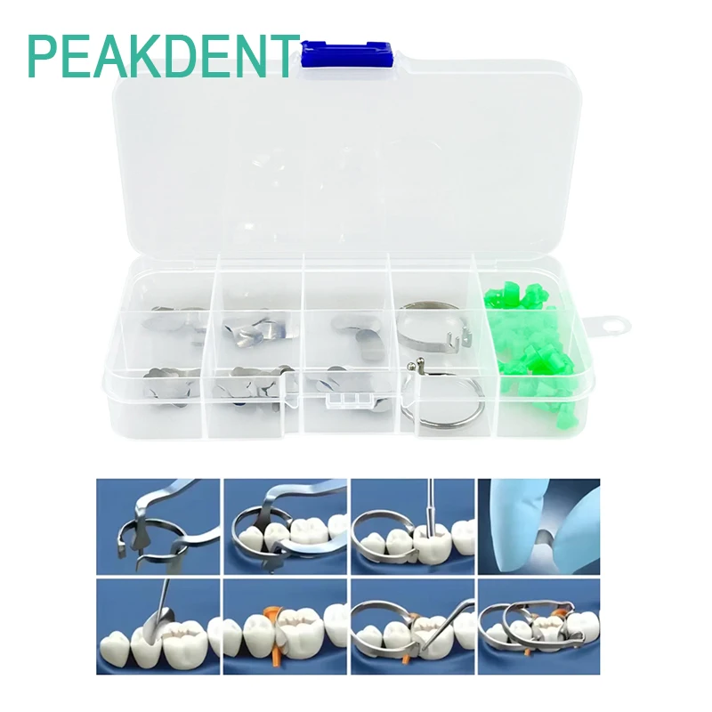 

Корона стоматологического профиля, металлический матричный зажим с смоляным зажимным кольцом, силиконовый клин, стоматологические инструменты