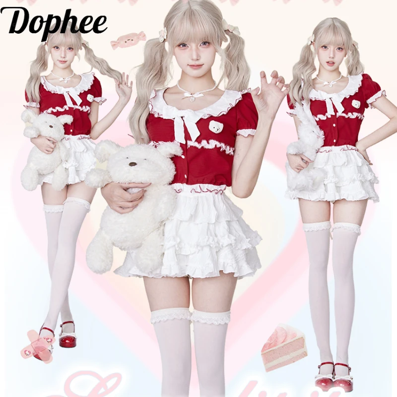 Dophee New Summer Two-piece Sets Y2k Cute Puff Short Sleeve Red Shirts Crop Top + High Waist Ruffles White Short Skirt Suits