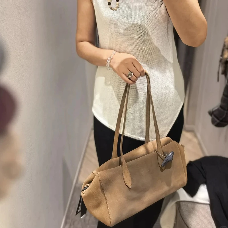 Suede Tote Bag 2026 New Matte Cow Leather Large Capacity Vintage Simple Shoulder Bag Fashion Handbag Women's Bag