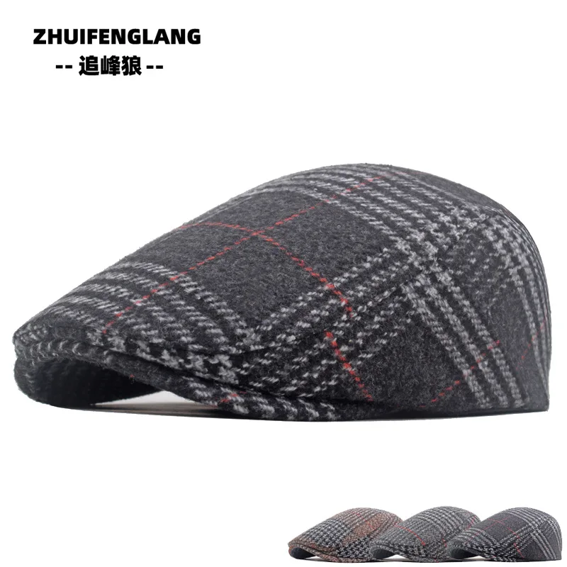 Hat Autumn Winter Wool Beret men's British Vintage Front Cap Plaid Cap Fashion Casual Newsboy Hat Old Cool Warm