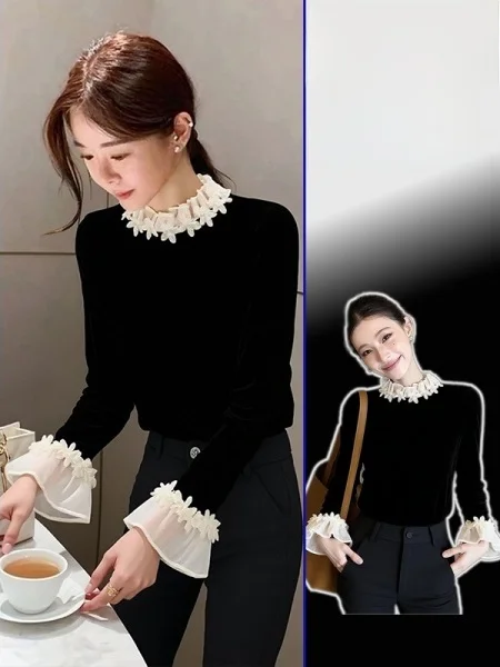 

Элегантная повседневная женская рубашка с длинным рукавом и воротником-стойкой, черная, в стиле Хепберн, премиум-класса, уникальная, больших размеров, модная