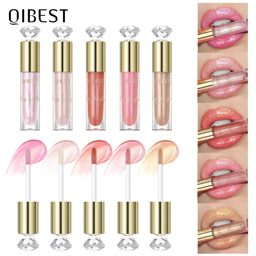 QIBEST 5 Colors Glitter Lip Gloss Long Lasting Diamond Pearlescent Metallic Liquid Lipstick Moisturizing Lip Glaze Cosmetics