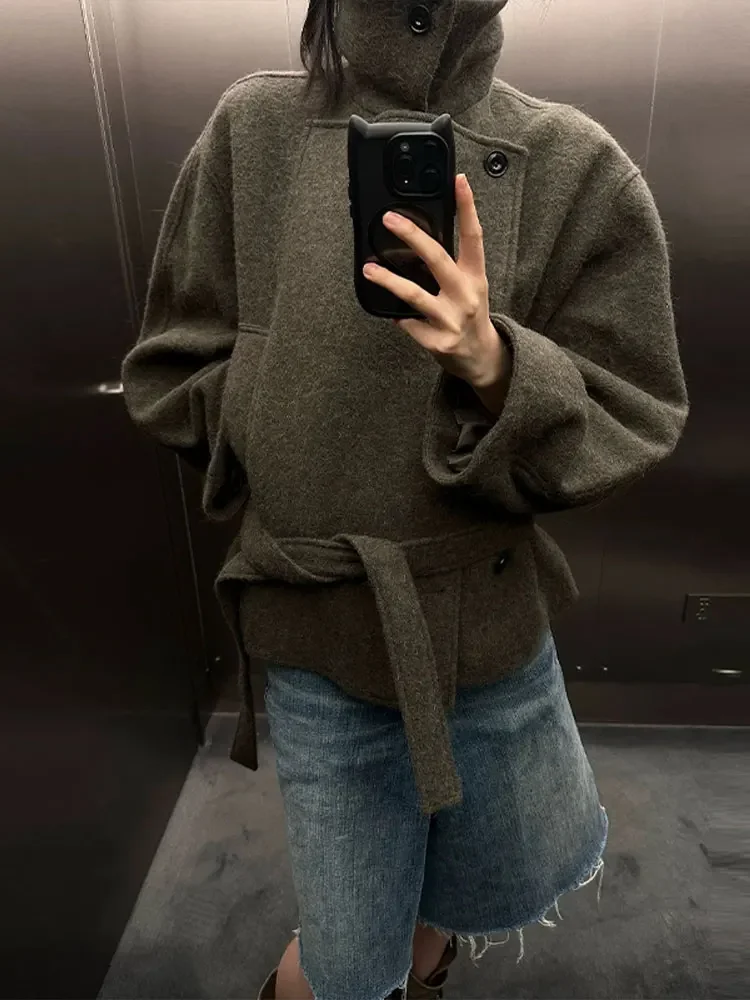 

Однотонная шерстяная женская куртка, осень 2023, однобортная, с воротником-стойкой, на шнуровке, свободное женское пальто, офисная женская уличная короткая верхняя одежда