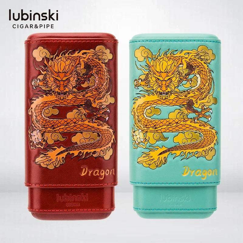 LUBINSKI Year of The Dragon Totem Cigar Case Three-piece Portable Cowhide Cedar Wooden Cigar Case