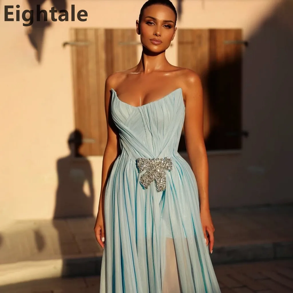 

Customized Light Blue Chiffon A Line Evening Dress For Wedding Party Strapless Sexy Slit Formal Prom Dress Dubai Party Gown