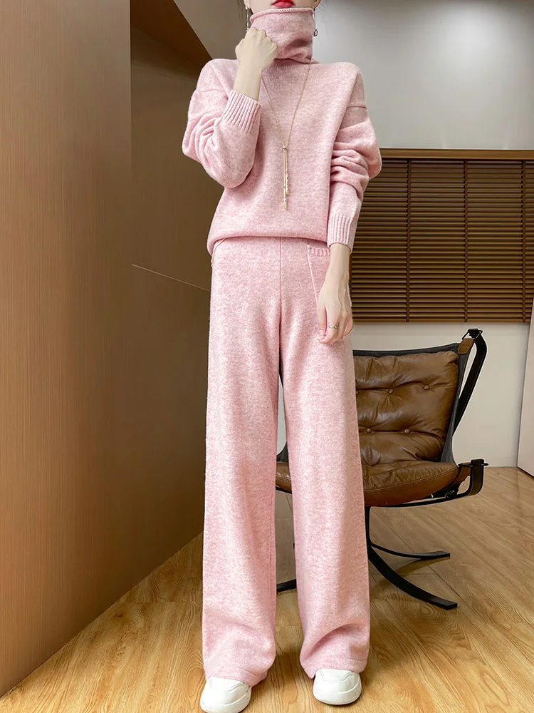 Women's Suit Fall Winter 100% Merino Wool Turtleneck Pullover Sweater Fashion High Waist Straight Pants Knitting Two Piece Set