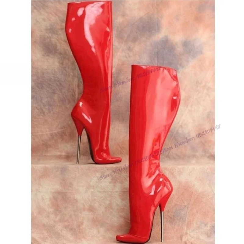 Red Metal Extreme High Heel Boots Knee High Patent Leather Pointed Toe Shoes for Women Sexy Lady Shoes 2023 Zapatos Para Mujere