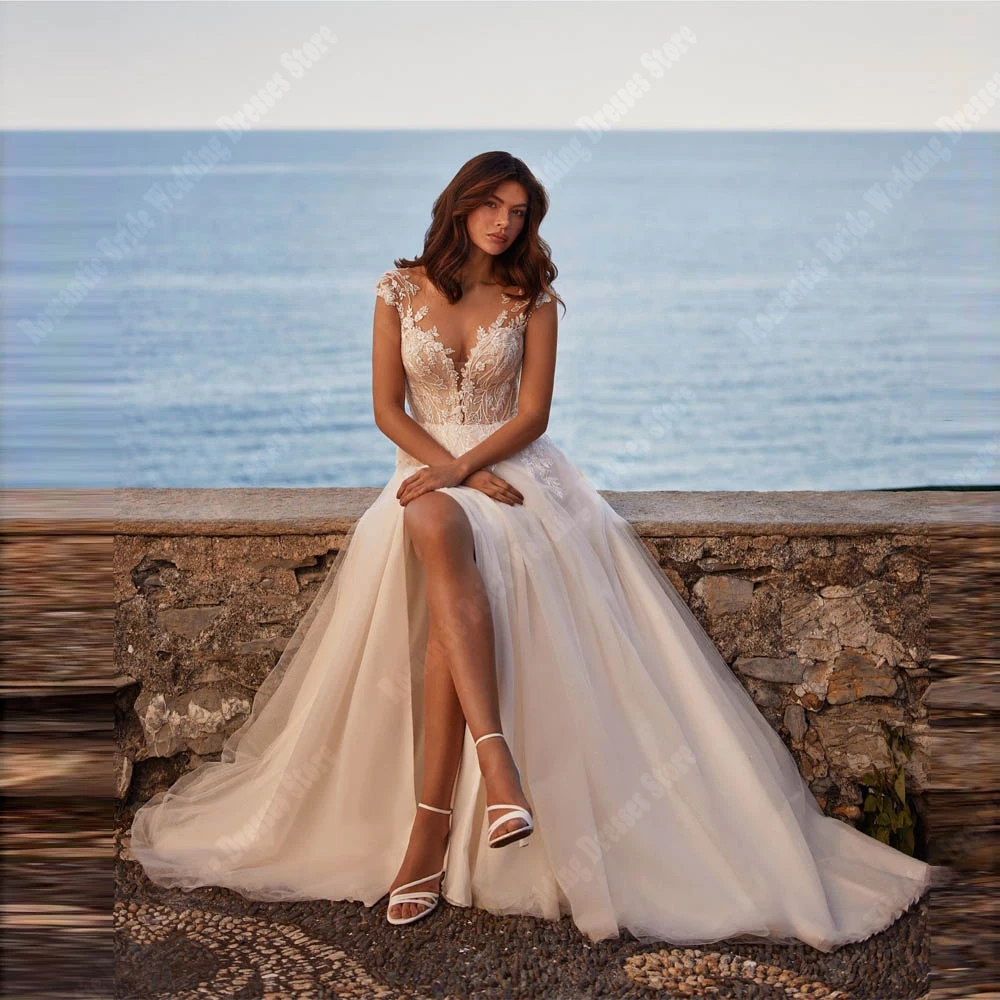 Vestidos de casamento sexy para mulheres sem mangas, fenda lateral, apliques de renda, vestidos elegantes, banquete personalizado