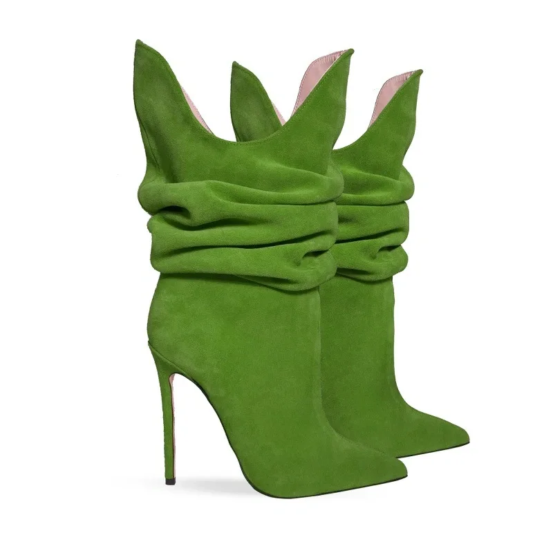 Thin high-heeled women's shoes winter new pointed suede pleated short tube pile boots banquet large size sexy sleeve women boots