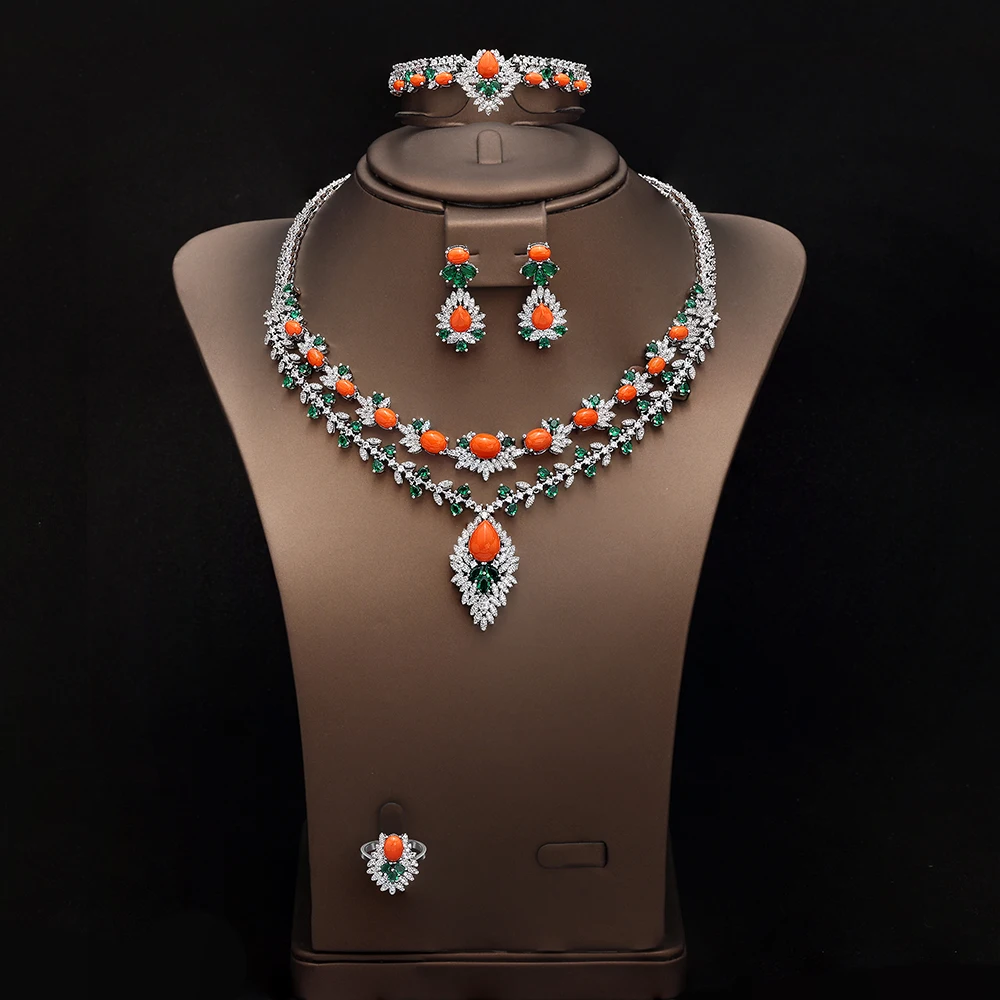 

HIBRIDE High Quality Dazzling Orange Color Jewelry Necklace Earrings Bracelet Women's Dress Wedding Ball Holiday Gift S-1037