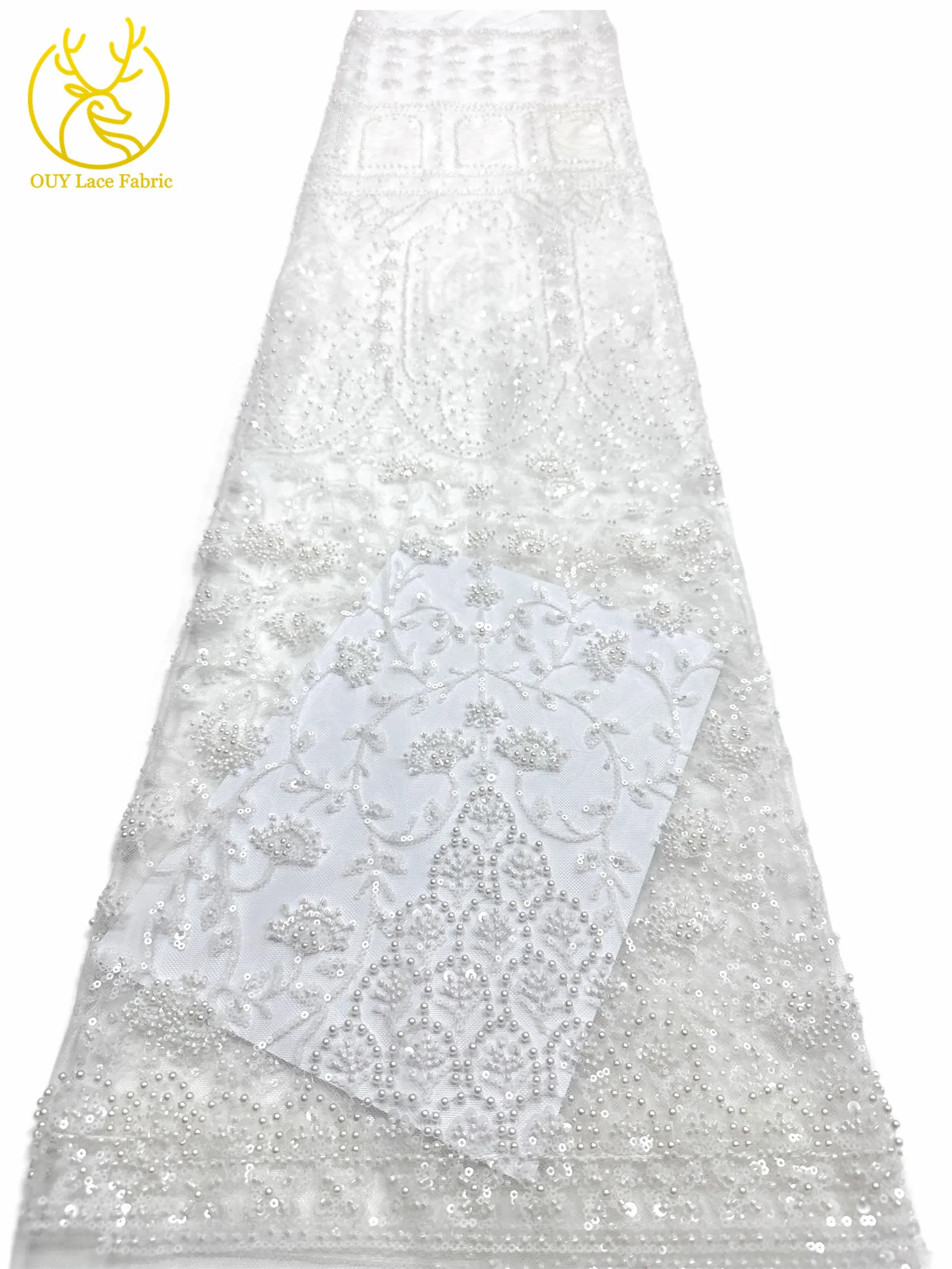 Afrikanischer Perlenstickerei-Spitzenstoff 2026 Hochwertiger Nigerianischer Pailletten-Spitzenstoff Französischer Braut-Hochzeits-Abendkleid-Nähstoff 5Y – Detail 10
