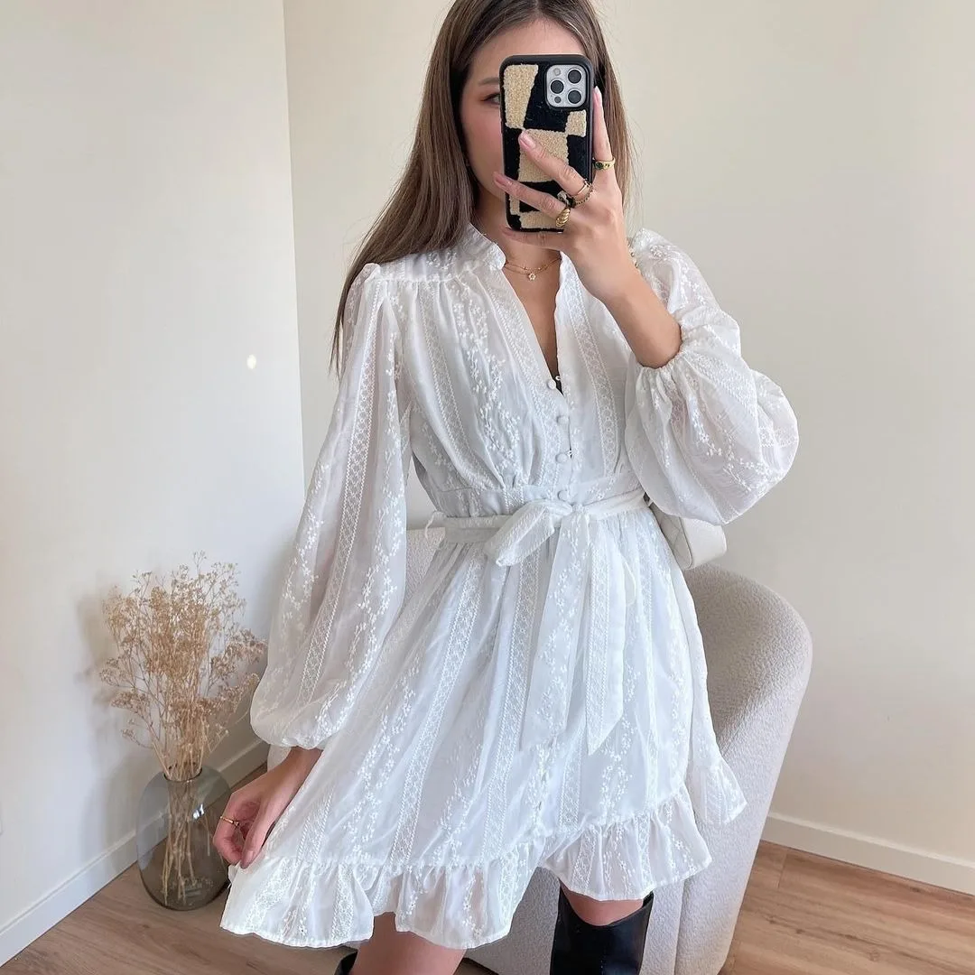 Lace White Dresses For Women 2023 New Autumn Long Sleeve Casual Boho Sundress Plunge V Neck Ruffles Elegant Mini Dresses