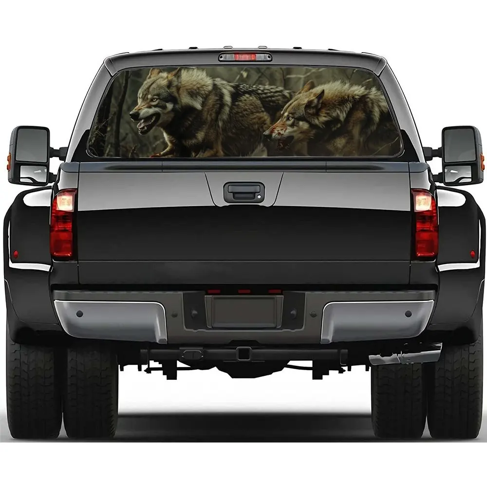 Wolf Running in Primitive Forest Car Rear Windshield Sticker Truck Window See Through Perforated Back Window Vinyl Decal Decor