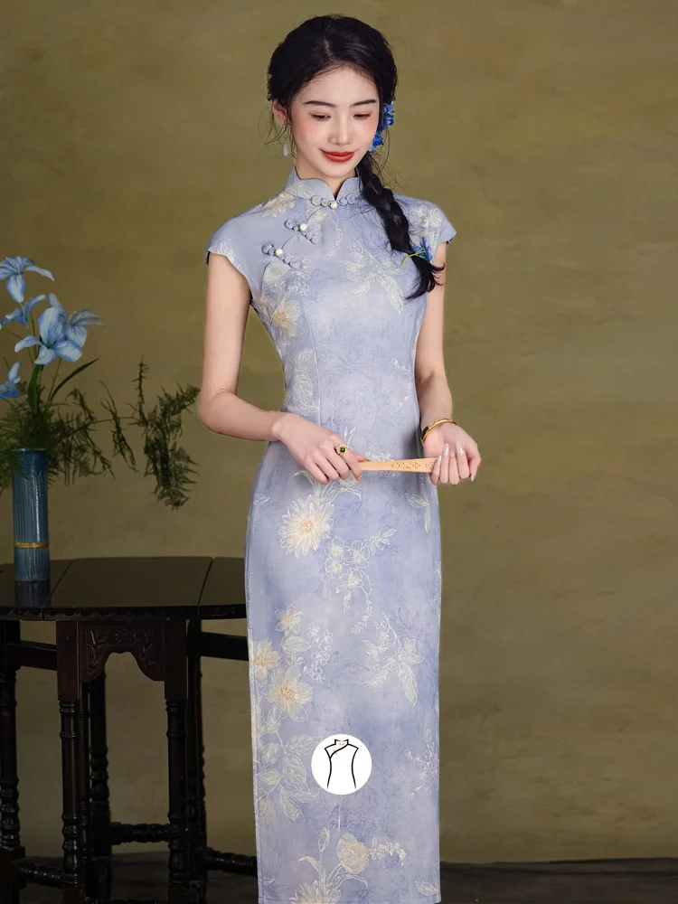 

Stunning Blue Vintage Style Young Elegant White Enhancing Long Dress Short Sleeve Breathable Floral Print Gown