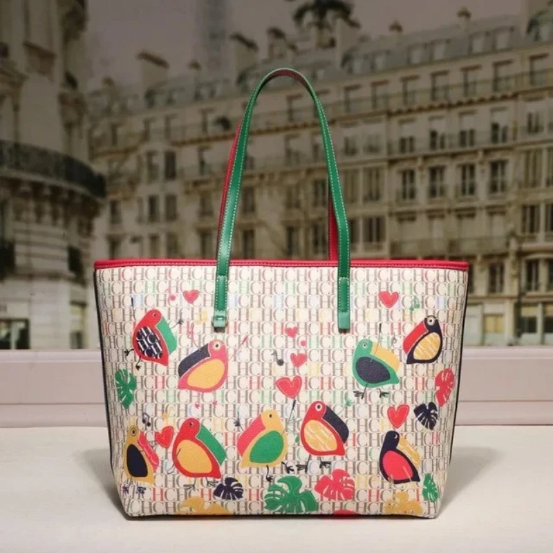 Bolso de mano con estampado de pájaros para mujer, bolsa grande de hombro de gran capacidad para compras, moda de oficina, diseño de Carolina Herrera