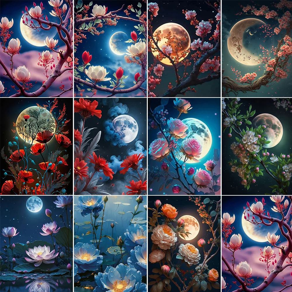 Moon Night Flowers Canvas Picture For Living Room Wall Home Decor Diy Acrylic Paint Kit Landscape Painting By Numbers Package