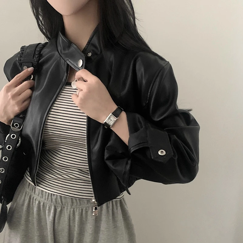 Chic Autumn New Small Design Sense Stand Collar PU Leather Jaet Loose ort Sve Long Motorcycle Clothes Outerwear Women