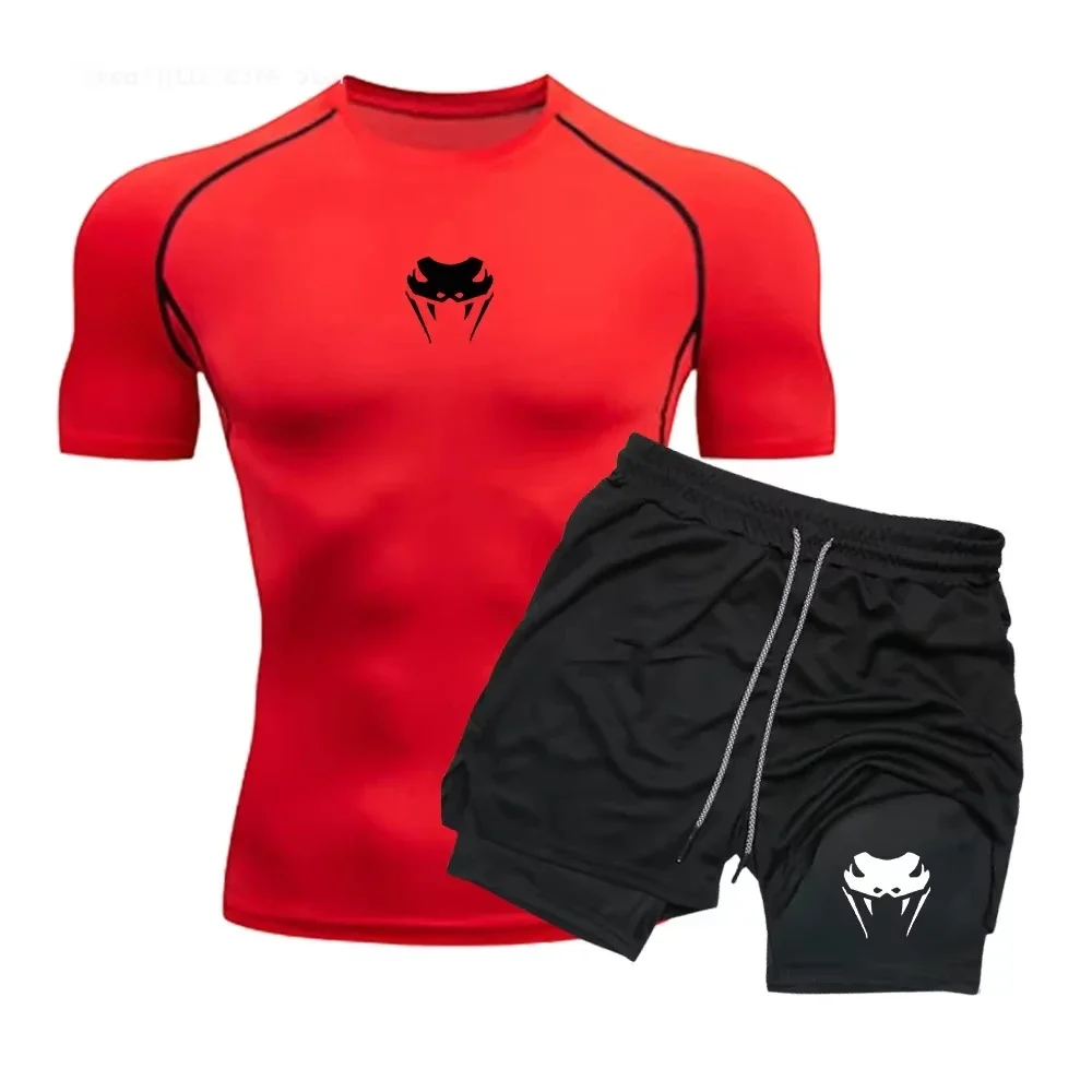 Men Compression Athletic Fitness Wear - Quick-Dry Tight Short-Sleeve Anime Double-Layer Shorts Summer Set Fitness Running Set image 2