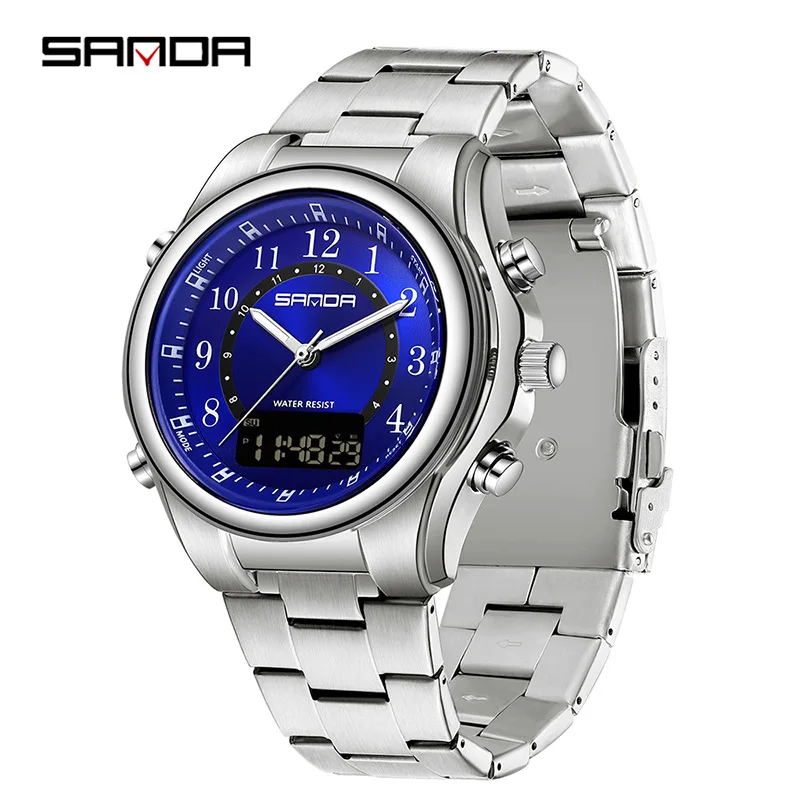 SANDA 3176 Men Quartz Watch Round Fashion Leisure Business Digital Dual Display Stainless Steel Strap Wrist Watches for Men