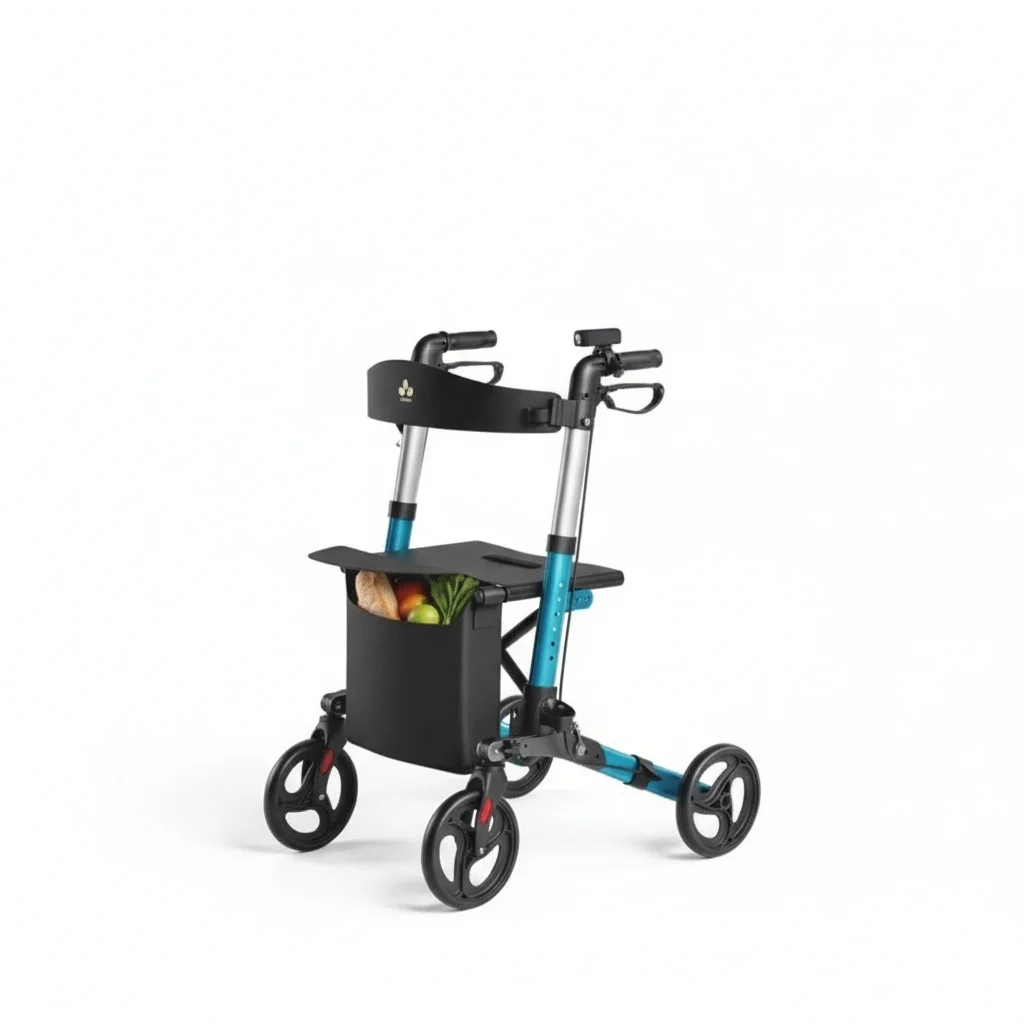 Ultra-Lightweight Rollator, 7.6kg Aluminum Foldable Mobility Aid, Walker with Seat, LED & Storage, Walking Assistant for Elderly