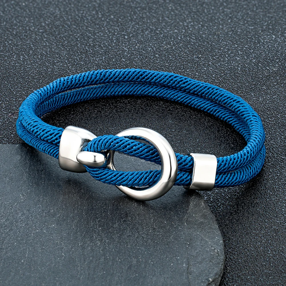 MKENDN Fashion Hook Bracelets Men Double strand Nautical Survival Rope Bracelet Women Silver Color Stainless Steel Sport Buckle