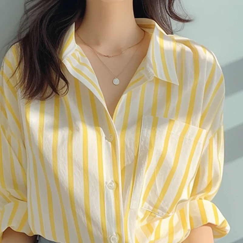 2024 New Summer Korean Aesthetic Loose Casual Office Lady Women\'s Shirt Pocket Mixed Cotton V Neck Long Sleeve Striped Y2K Tops