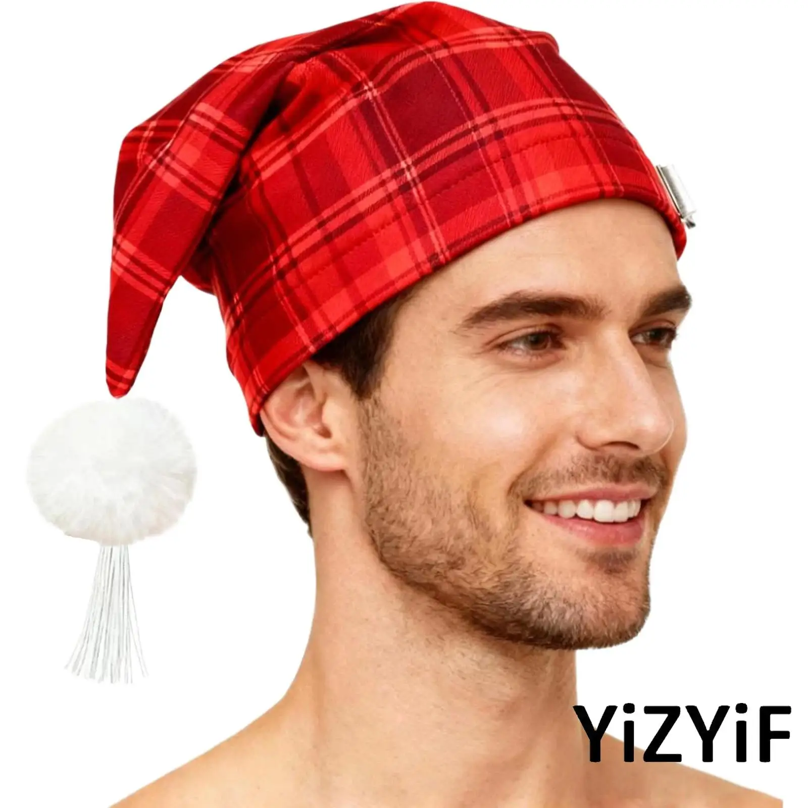 

Men Adjustable Plaid Sleeping Night Stocking Cap Hat with Pom Ball and Tassel for Christmas Daily Nightwear Sleepwear