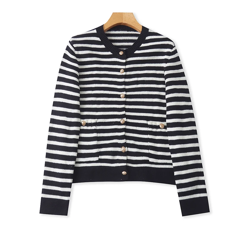 

Casual Stripe round Ne Long Sve Knitted Sweater Button up Cardigan Coat Loose Fit Spring Autumn New Sle Women's Faion