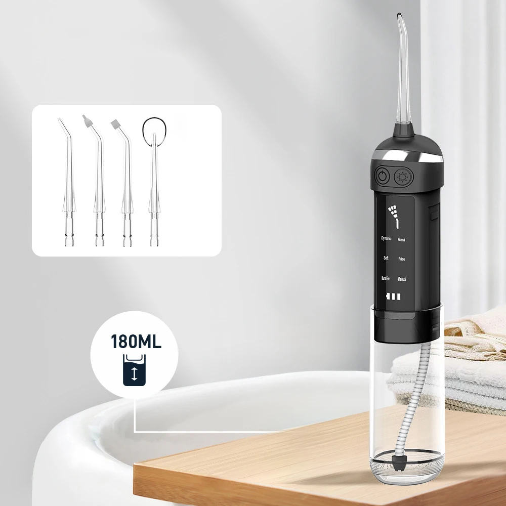 Large Screen Oral Irrigator Pull-out Portable Dental Water Flosser Rechargeable USB 4Jet Tip 180ml Water Tank For Cleaning Teeth