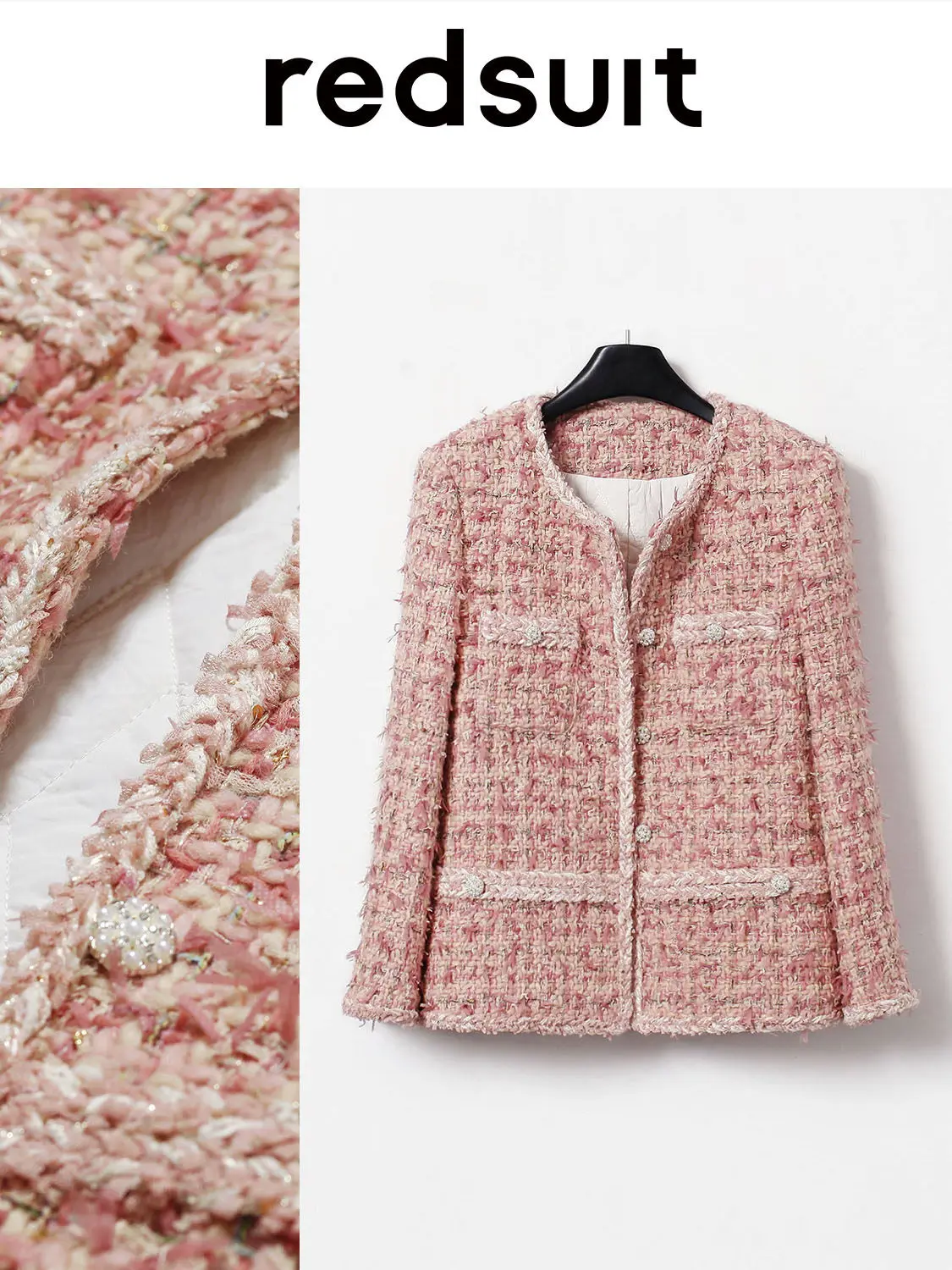 New Advanced  winter cotton slimming sweet pink coarse tweed medium long jacket Custom size