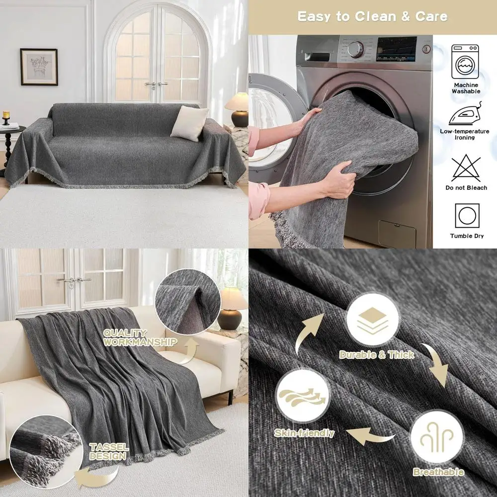 

Pet-Friendly Washable Couch Cover with Non-Slip, 2-Cushion Sofa Protector, Tassels, 71x118, Dark Grey