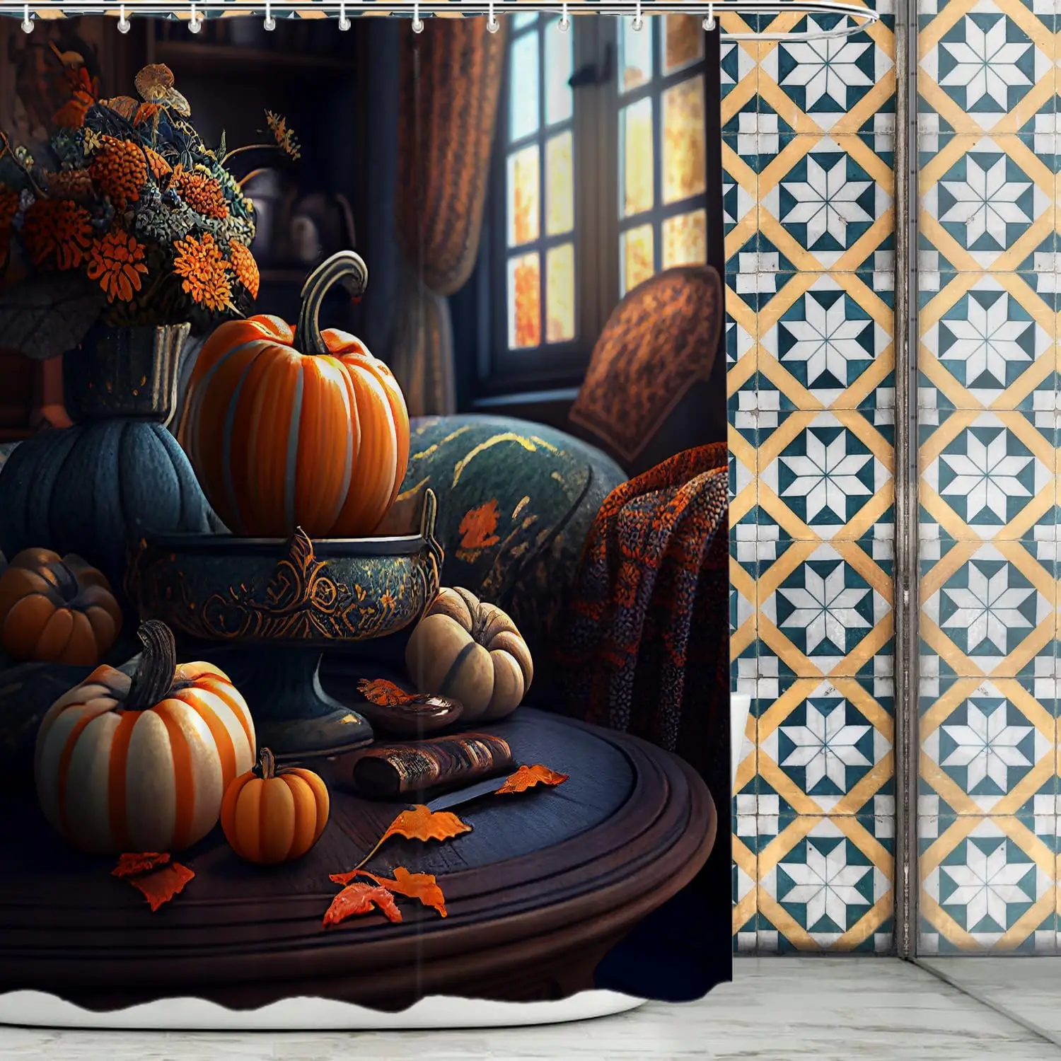 

Harvest Theme Shower Curtain Featuring Pumpkins Leaves And Floral Arrangement Fall Inspired Design Elegant Bathroom Decoration