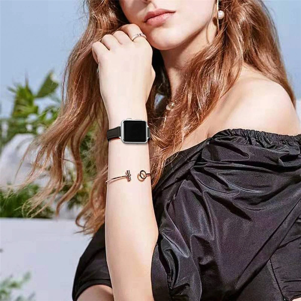For apple watch ultra 2 49mm 6 se 40mm 44mm 8 41mm 45mm band Slim Leather strap for iwatch 9 8 7 5 38mm bands women Thin correa image 4