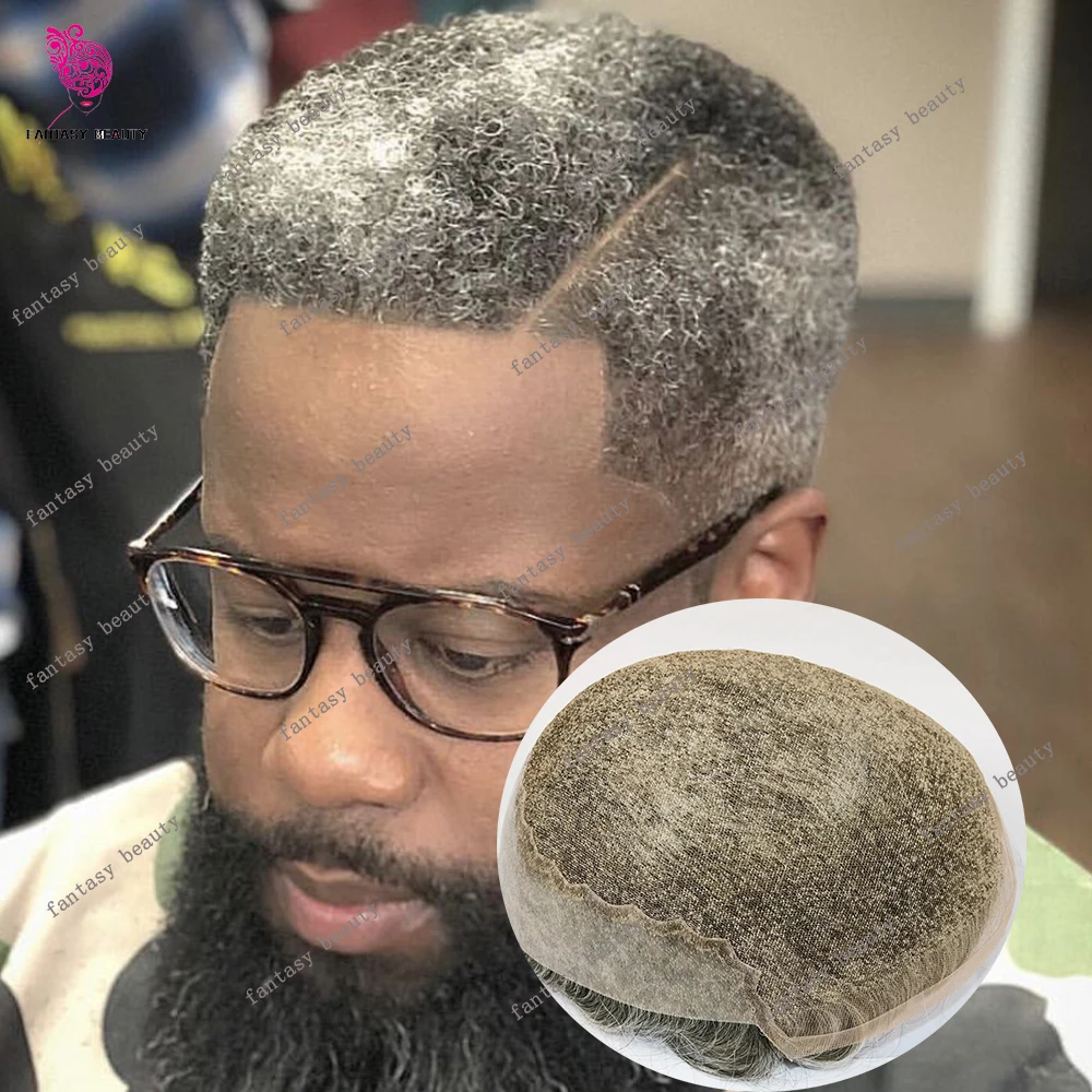 

6mm Afro Tight Curly 1B80 Grey Q6 Lace Toupee Men European Natural Human Hair Prosthesis Swiss Lace Front Man Replacement System