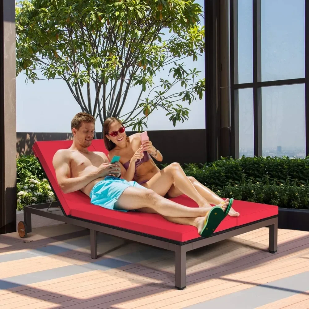 2 Person Patio Lounger, Outdoor Rattan Double Wicker Sunbed Lounger with Adjustable Backrest Wheels and Cushion (Red)