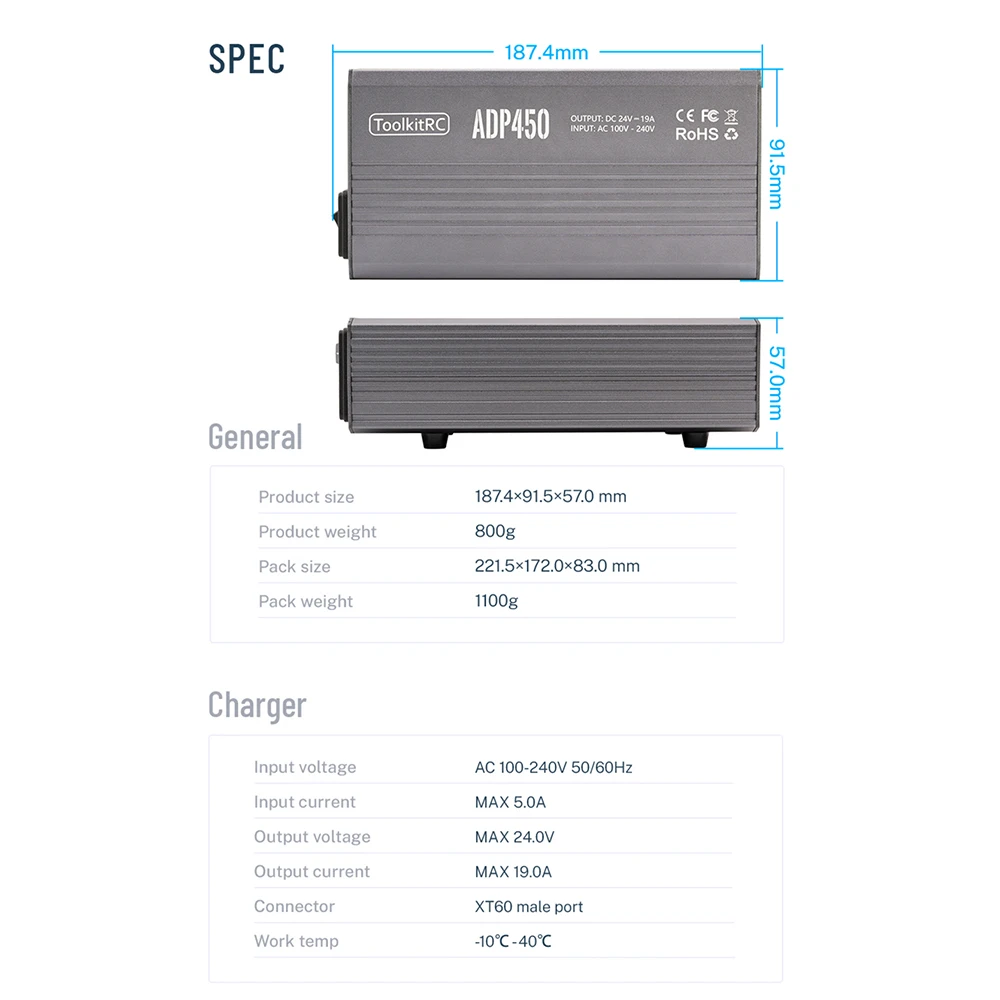 ToolkitRC ADP450 Adaptador de fuente de alimentación 450W XT60 salida 24V19A Entrada de CA 100V-240V para ToolkitRC M8D M6D M8P M9 Cargador de batería