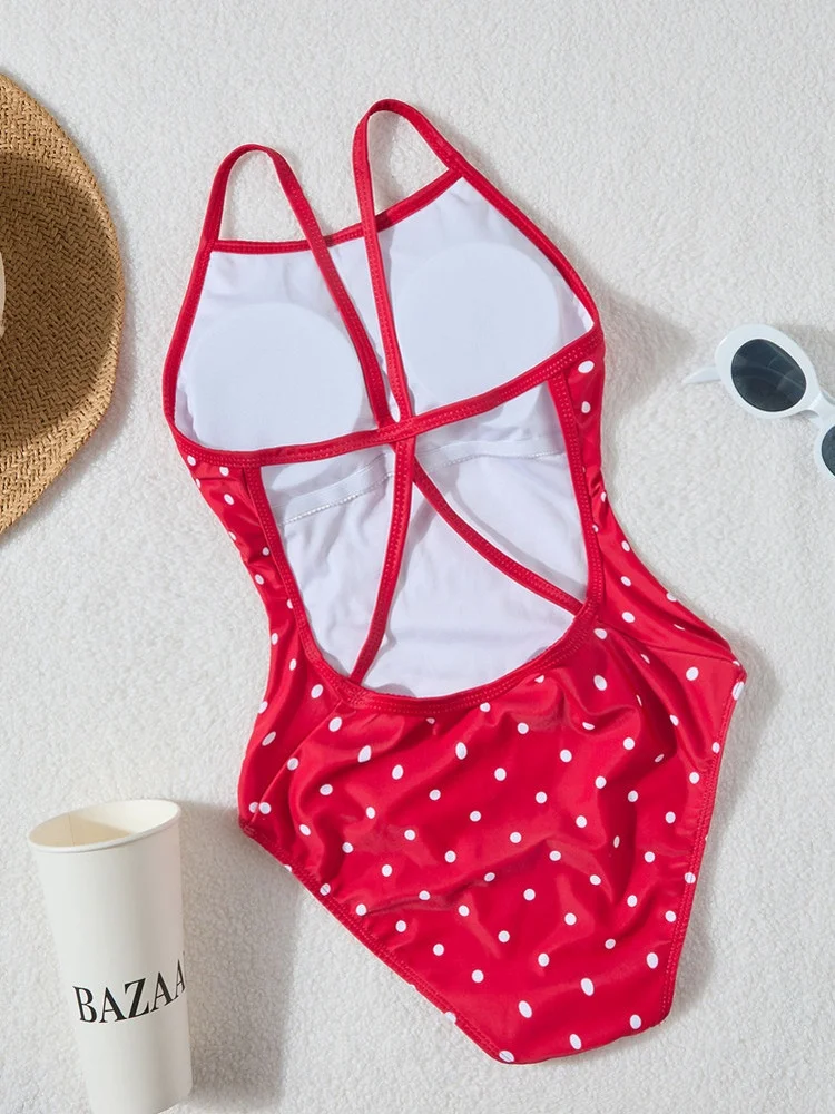 Competitive One-Piece Swimsuit Women's Polka Dot Surfing Sporty Slimming Swimwear with Chest Pad Low Cut Belly Covering