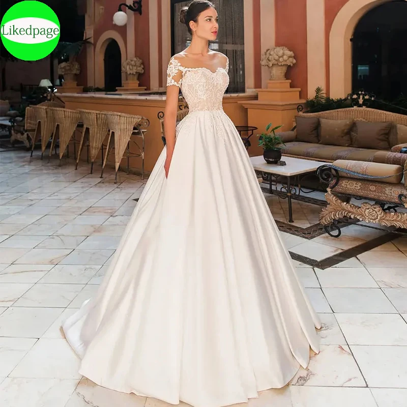 

New Sweetheart Wedding Dresses Satin A-Line Appliques Button Backless Off The Shoulder Floor Length Bridal Robe De Mariée Custom